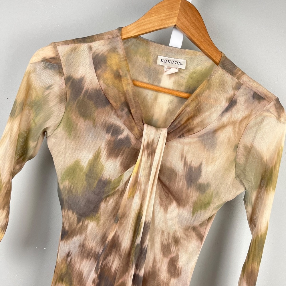 Vintage Kokoon Mesh Y2K Top Shirt Womens M Tan Olive Green Forest Grunge Fairy